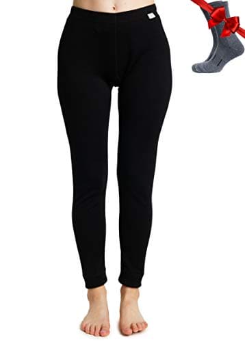 100% Merino Wool Base Layer Womens Leggings, Thermal Underwear + Wool Socks (Medium, Black)