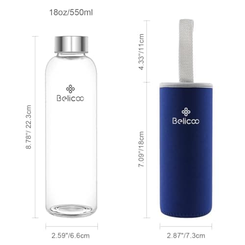 BELICOO BPA-Free Glass Water Bottle, 550ml/18oz Water Bottle — view 3