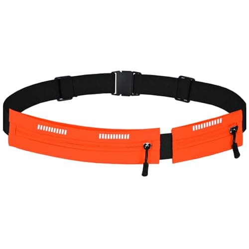 Running Belt Waist Bag, Orange, Dual Zip Pockets, Adjustable Elastic Strap with Reflective Strips (Orange)