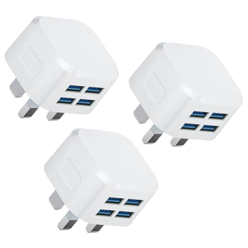 USB Plug,3Pack 25W Multi USB Charger Plugs Adaptor UK 5V/5A Phone Plugs with 4 USB Port Multiple Way 3 Pin Double Mains Charge Head Multiport Charging for iPhone 14 13 12 11 SE XS XR X 8 7 6 5,iPad