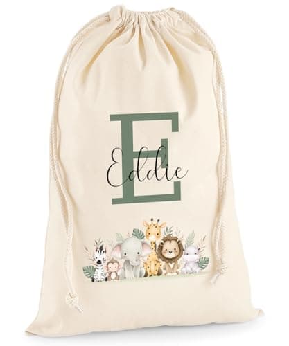 Personalised Gift Bag - Custom Name Jungle Theme Animals Drawstring Sack - Personalise Name Kids Children's Cotton Canvas Newborn Baby Shower Birthday Christening Present Treat - Canvas XL 49.5 x 75cm — view 2