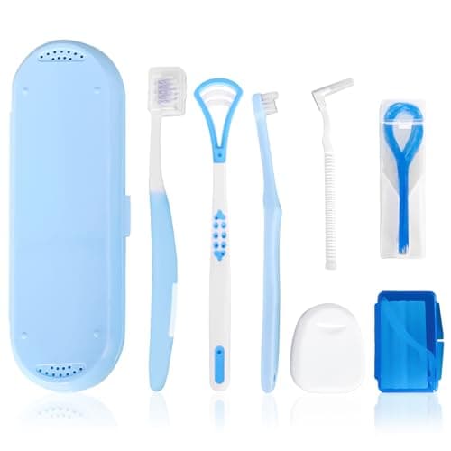 7-in-1 Travel Oral Care Kit with Case – Toothbrush, Tongue Scraper, Wisdom Toothbrush, Dental Floss, Floss Threaders, Interdental Brush, Dental Wax, Portable Hygiene Set for Daily Use Travel (Blue)
