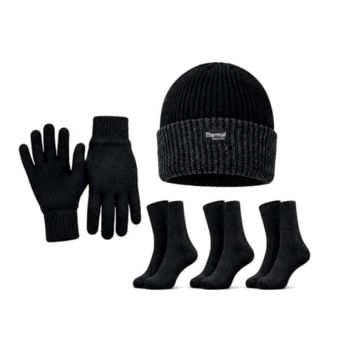 Mens Hat and Gloves Set with 3 Pairs Warm Thermal Socks for Winter Wear