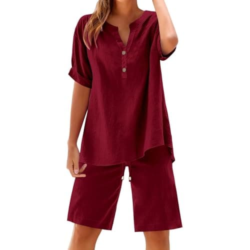 Travel Co Ord Sets for Women Burgundy Summer Cotton Linen Look 2 Piece Co-ord Set V Neck Short Sleeve Top and Elasticated Waist Shorts Casual Loungewear Outfit Size S-5XL — view 3