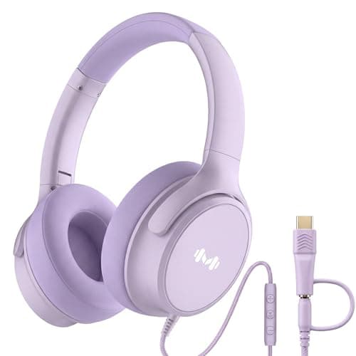 Zollexa Wired Over-Ear Headphones, Mic, 3.5mm Plug, USB-C Adapter, Purple