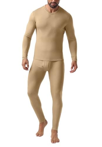 QIXING Mens Thermal Underwear Set Fleece Lined Long Johns Warm Base Layer Set for Winter Ski Football Work (Light Camel, L)