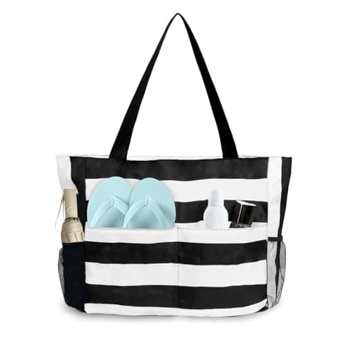 flintronic Extra Large Lightweight Beach Bag, Waterproof Beach Tote Bag with Zip, Foldable Shoulder Bag for Women, Reusable Shopping Bag, for Beach Travel Holiday Swimming Picnic,Black
