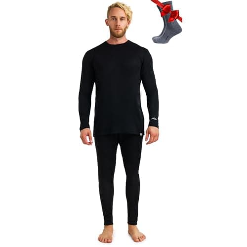 100% Merino Wool Base Layer Men Set - Thermal Underwear Mens + Hiking Socks (Large, 165 LITE Black)