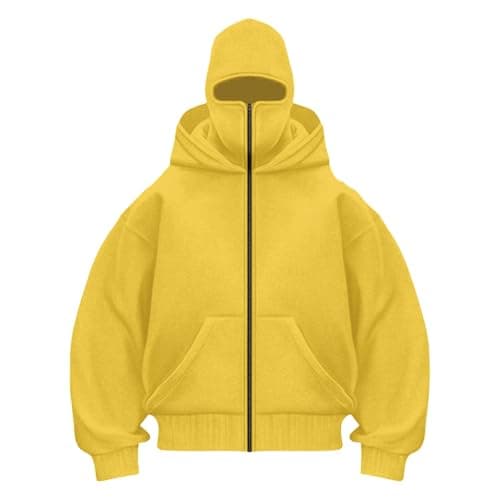 Balaclava Hoodie with Mask Built In Balaclava Full Zipper Double Hooded Coat Oversized Wind Resistant Warm Travel Hoodie with Face Mask Built In Winter Windproof Streetwear Workout Sweatshirt Yellow