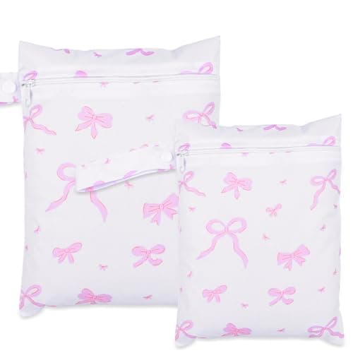 Leseogye 2-Pack Pink Bow Wash Bag, Waterproof Pouch with Large and Small Sizes, Reusable Wet Bags for Babies, Travel Laundry Bag for Swim Supplies and Small Items