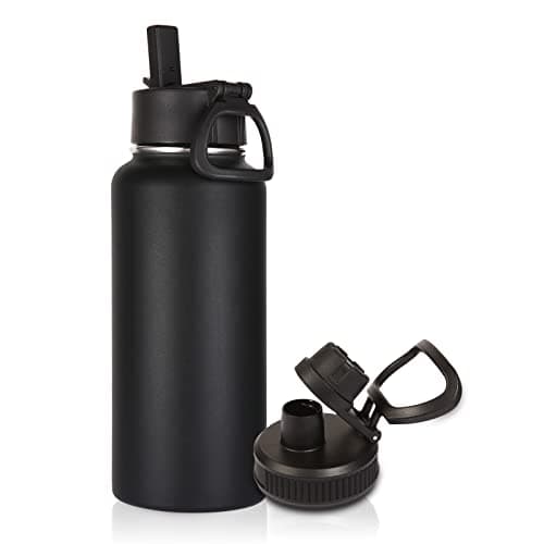 Volhoply 1 Litre Insulated Water Bottle with Straw Lid and Spout Lid,Stainless Steel Sports Water Bottle,Double Wall Vacuum Tumbler,Leakproof Metal Flask with Wide Mouth for Hiking,Camping(Black,1)