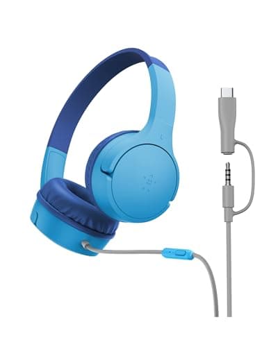 Belkin SoundForm Mini Kids Wired Headphones with USB-C to 3.5mm Dongle, Built-in Mic & Fun Stickers, 85dB Max Volume – for Online Learning, Travel, Compatible with iPhone, iPad, Galaxy, etc - Blue