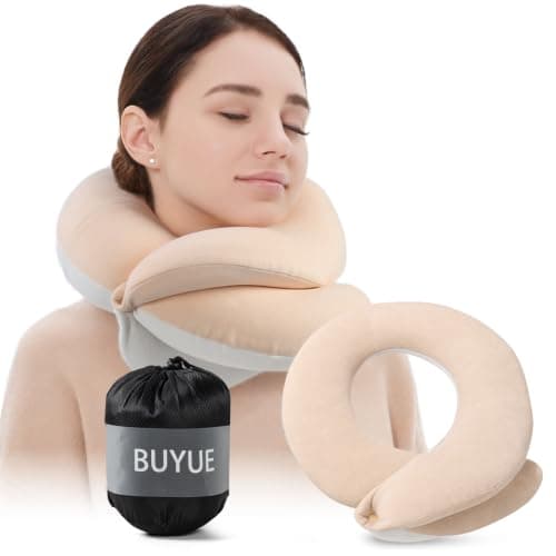 BUYUE Travel Neck Pillows for Airplanes, 360° Head Support Sleep for Long Flight, Skin-Friendly & Breathable, Kit with 3D Contoured Eye Mask, Earplugs and Storage Bag (Large, Beige, 90+ lbs)