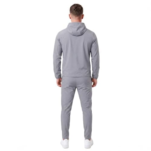 Spindle Men’s 2-Pack Premium Performance Tracksuit Twinset – Tech Bi-Stretch Athletic Hooded Jacket & Jogger Pants Sweatshirt Bundle, Breathable Cotton Poly Training Gym Sweatsuit Set (Grey) — view 3
