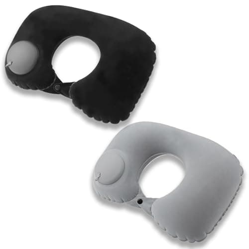 YCZARD 2Pcs Inflatable Travel Pillow, Press to Inflate Neck Pillow for Travel, Blow Up Neck Pillows for Flights, Small U-Shaped Headrest Cushion for Airplanes Black Grey