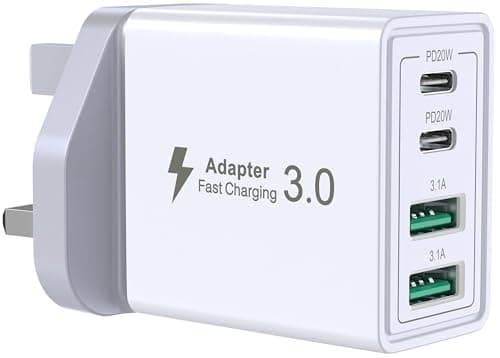 USB C Fast Charger Plug, 40W 4-Port Multi USB Charging Plug UK Dual Port PD Power Adapter + QC Multiport Mains Wall Charger Type C for iPhone 16 15 14 13 12 11 Pro Max XS XR, Samsung, iPad