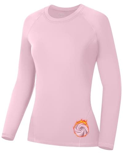 Runhit Thermal Tops Womens Long Sleeve Fleece Lined Compression Shirt Soft Warm Base Layer Moisture Wicking Sports Underwear for Ski, Running Gym Workout Light Pink M