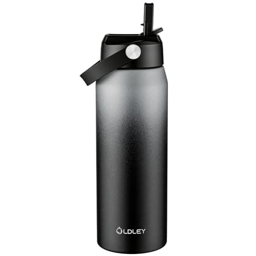 OLDLEY 750ml Insulated Water Bottle with Straw, Stainless Steel Water Bottles with Handle, Leakproof BPA Free Vacuum Metal Flask Keep Hot and Cold for Sports, Travel, Hiking (Grey-Black)