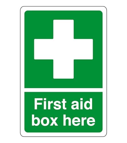 First aid box here - safety sign - AED sign, first aid stickers, first aid kit - 1.2mm Rigid plastic for indoor/outdoor usage (150mm x 100mm) Viewing Distance within 3m.