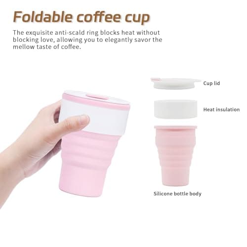 EYQ Collapsible Coffee Cup 375 ml, Silicone Foldable 12oz Coffee Mug, Reusable Tea Cup for Hot Cold Drinks for Office Fitness Gym Outdoor Sports Travel Camping Yoga, Pocket Size (WhitePink) — view 4