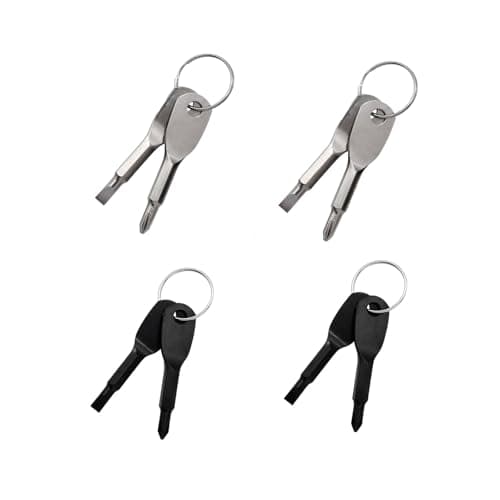 Pinpulux 4Pcs Mini Screwdriver Keychain, Portable Multifunction Repair Tool Driver Keychain Set Screwdriver Mini Key Shape Travel Kits Flathead Phillips Black and Silver Repair Tool with Key Ring