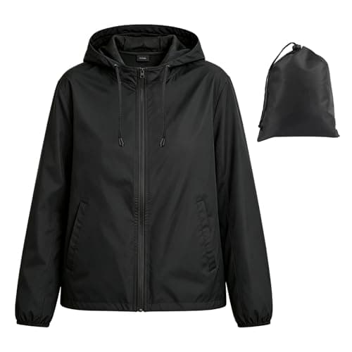 ADUDVLO Packable Waterproof Jacket Womens Lightweight, Hooded Rain Jacket Windproof Raincoat for Women with Pockets for Hiking, Travel, Running (UK, Alpha, XL, Regular, Regular, Black)