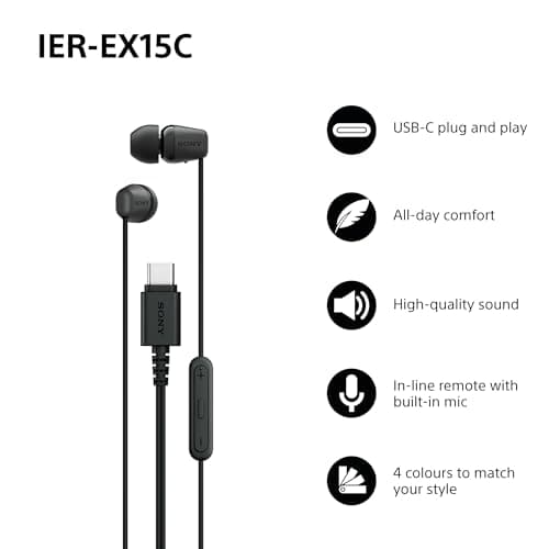 Sony IER‑EX15C USB‑C Wired Earbuds with Mic – Lightweight In‑Ear Headphones for Android, iPhone, Laptop & PC – Tangle‑Free Cable, Clear sound – Perfect for Travel & Everyday Use – Black — view 2