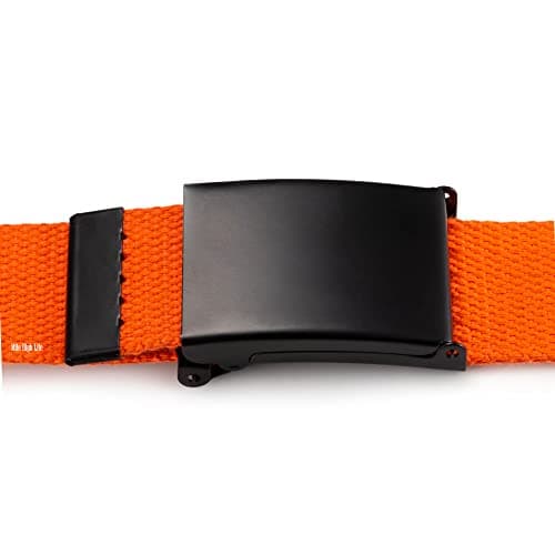 Mile High Life Cut To Fit Canvas Web Belt Size Up to 52" with Flip-Top Solid Black Military Buckle (Orange) — view 6