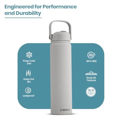 OMNIA NUTRIENTS Vacuum Insulated Stainless Steel Water Bottle, 2 Lids (Straw & Spout) Leakproof, BPA-Free, Reusable Flask Ideal for Travel and Outdoors (Stone Grey - 750 ml) — view 2