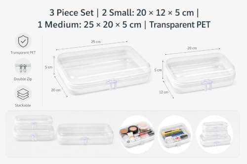 3PCS Clear Hard Shell Zipper Cases, Transparent PET Storage Cases with Double Zipper, Stackable Sealed Toy Storage Bags, Clear Busy Bags for Travel Toiletry Organiser, Makeup and Stationery — view 2