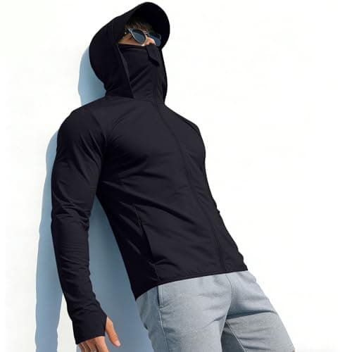 Mens UPF 50+ Sun Protection Hoodies with Mask SPF UV Rash Guard Jackets Summer Casual Long Sleeve Top Lightweight Breathable Shirt Pullover Fishing Running Hiking Athletic Outdoor Performance Uk M-4XL — view 3