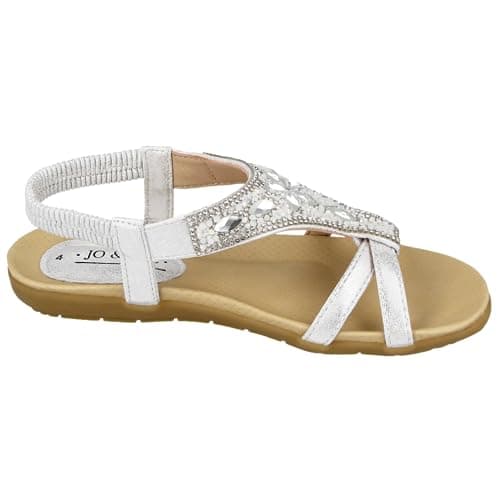 Jo & Joe Ladies Faux Leather Peep Open Toe Sling Back T-Bar Dimante Flat Flip Flop Sandals Size 3-8 (UK 7, Silver) — view 5