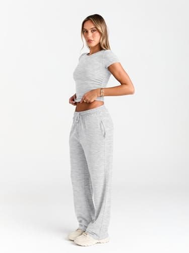 LILLUSORY 2 Piece Lounge Wear Sets for Women UK Summer Vacation Travel Outfit Airport Casual Elastic Waisted Wide Leg Trousers Co Ord Sets Dressly Capsule Wardrobe Clothing 2026 Oatmeal Grey XL — view 3