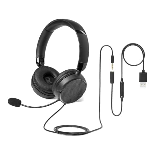 Amazon Basics Over-Ear Computer Headphone with Cable, Adjustable Microphone, 3.5mm Connection, Wired Control with USB-A, Foldable, Headset for Office, Smartphone, PC, Laptop, Black