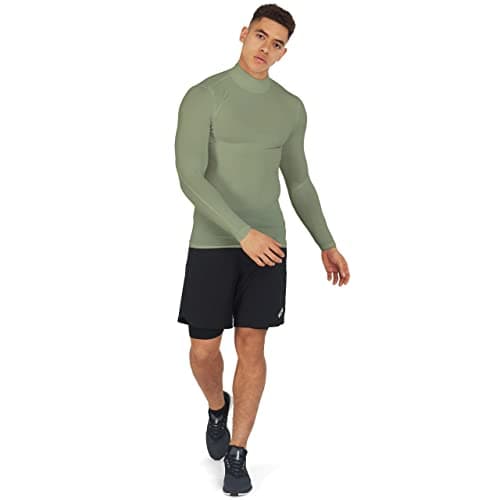 PowerLayer Men's Compression Base Layer Top Long Sleeve Under Shirt - Mock Neck - Army, M — view 5
