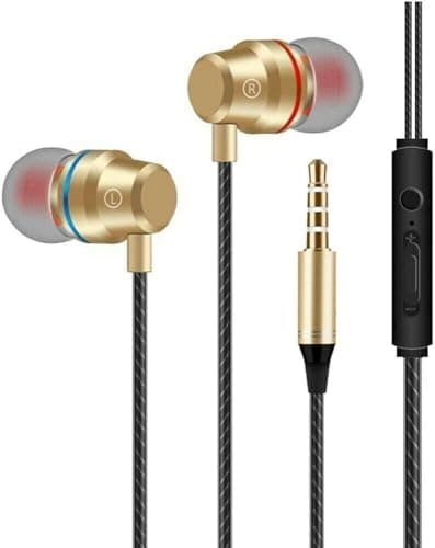 Earphones 3.5mm Aux Jack Wired In-Ear Headphones with Microphone, Strong Bass Soft Earbuds Tips Plug In Noise Cancelling Stereo Wired Earphones Compatible with I-Phone Samsung Android (Gold)
