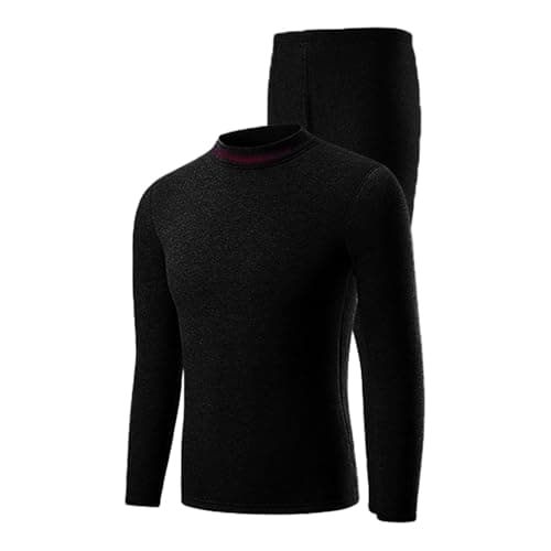 Men's Thermal Underwear Set with Orange Fleece Lining – Highneck Top & Legging, Super Warm Base Layer with Warm Fleece for Winter (Black, L) — view 2
