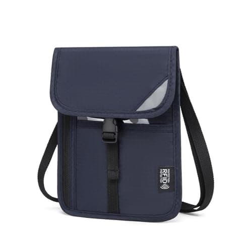 AYNKH Chest Pouch Waist Bag RFID Protection,Anti-magnetic ID Badge Holder,Waterproof,Security Bag with Adjustable Neck Strap for Cash,Cards,Passports,Business,Travel,School (3 Compartments Navy Blue)