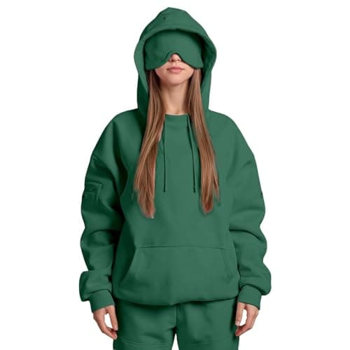 Travel Hoodie with Eye Mask Built-in Oversized Airplane Hoodie Long Sleeve Sweatshirt Pullover Solid Color Comfort Hoodies for Women Uk Autumn Winter Thermal Tops Streetwear Casual Fashion