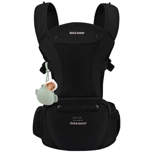 Bebamour Baby Carrier with Hip Seat, Newborn to Toddler 0–36 Months, Ergonomic Infant Carrier with Adjustable Waist Belt, Head Hood, Teething Pads & Waist Extender, Black