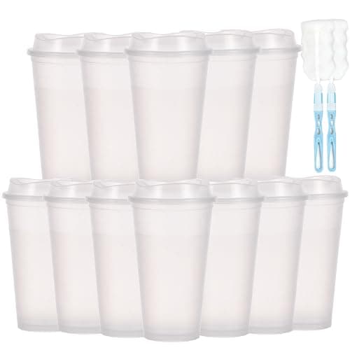 CuppaLifes 475ml Reusable Coffee Cups with Lids, 12 Pack Insulated Plastic Tumblers, Travel Mugs for Hot/Cold Drinks, Smoothie, Takeaway Cups for Adults (12, Glitter White)