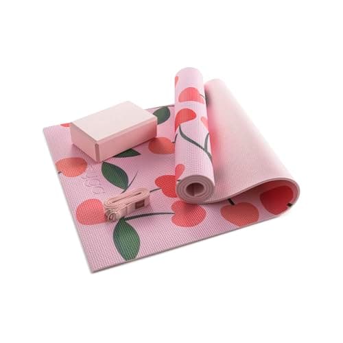 MYGA Yoga Starter Set - 6mm Non-Slip Yoga Mat, Yoga Block and Strap - Starter Kit for Beginners in Pilates, Exercise and Fitness - Choice of Design (Cherry)
