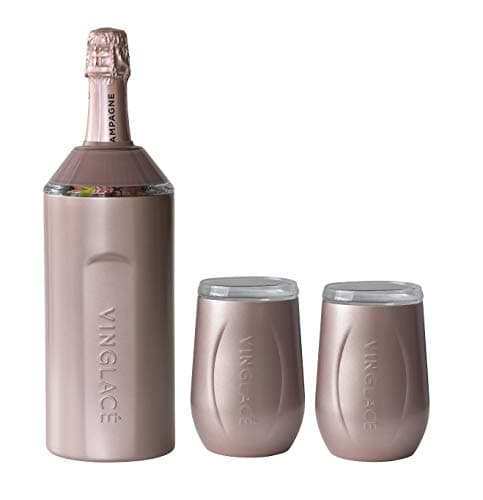 Vinglacé Wine Bottle Chiller Gift Set- Portable Stainless Steel Wine Cooler with 2 Stemless Wine Glasses, Rose Gold