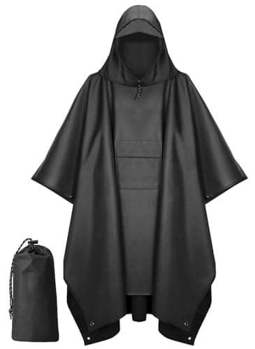 Houbobo Hooded Rain Poncho for Adults with Pocket, Waterproof Lightweight Raincoat Jacket for Men Women, Perfect for Outdoor Hiking Camping Emergency (Black)