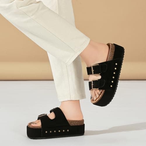 Women's Platform Sandals Cork Footbed Adjustable Double Buckle Slides — view 2