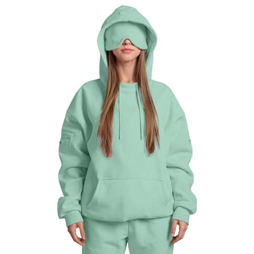 Travel Hoodie with Eye Mask Built-in Oversized Airplane Hoodie Long Sleeve Sweatshirt Pullover Solid Color Comfort Hoodies for Women Uk Autumn Winter Thermal Tops Streetwear Casual Fashion
