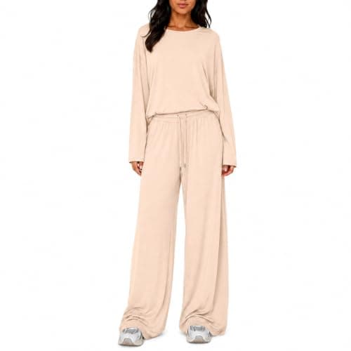 Womens Travel Outfits Beige Two Piece with Wide Leg Trousers — view 3