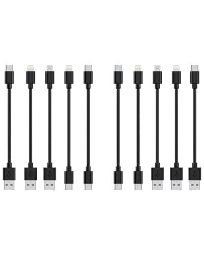 [20CM, 10-Pack] Multi Short USB Charging Cables, Fast Charge & Sync Type-C/Lightn-ing/Micro Cords Bulk for Charging Station Compatible with iPhone16&15, iPhone5-14, iPads, Mobiles, Tablets - Black