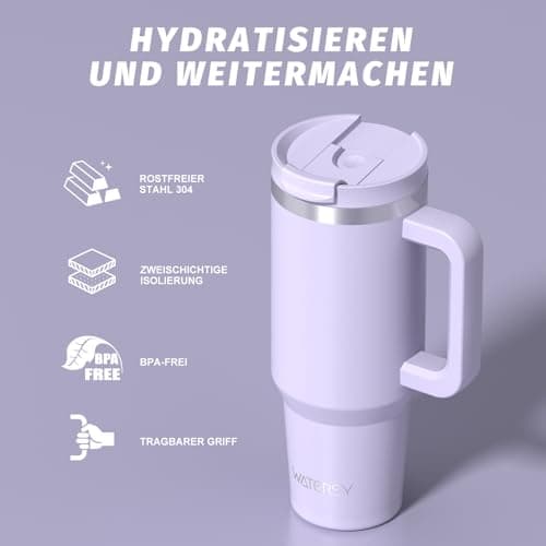 WATERSY 40oz Travel Mug Coffee Cup with 2 Straws, Tumbler Lid and Handle, Stainless Steel Double Wall Vacuum Insulated Coffee Water Bottle Thermal for Cold Hot Coffee 1182ml Purple — view 6