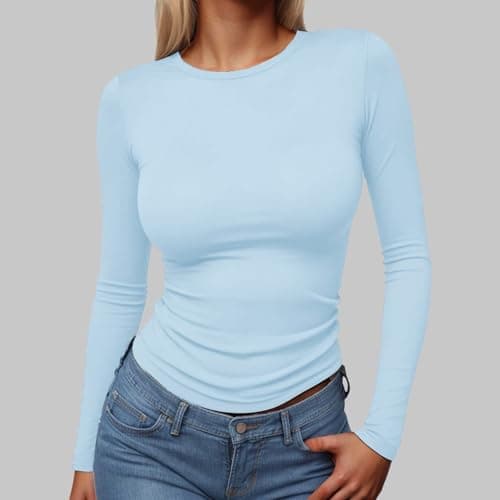 Long Sleeve Top Women Basic Crew Neck T Shirts Slim Fitted Casual Tunic Tee Stretchy Solid Soft Base Layer Undershirt UK Light Blue — view 2